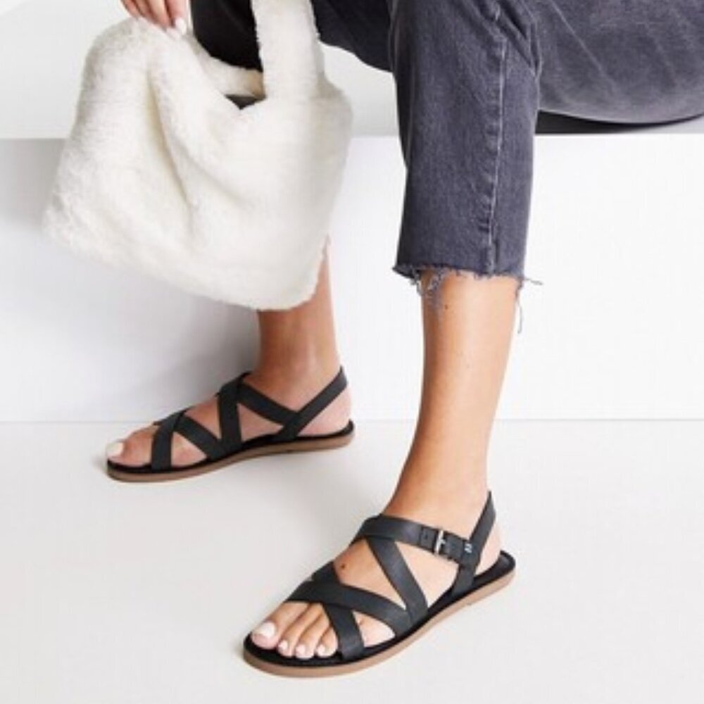 Toms Black Leather Sicily Slingback Strappy Sandals 9.5